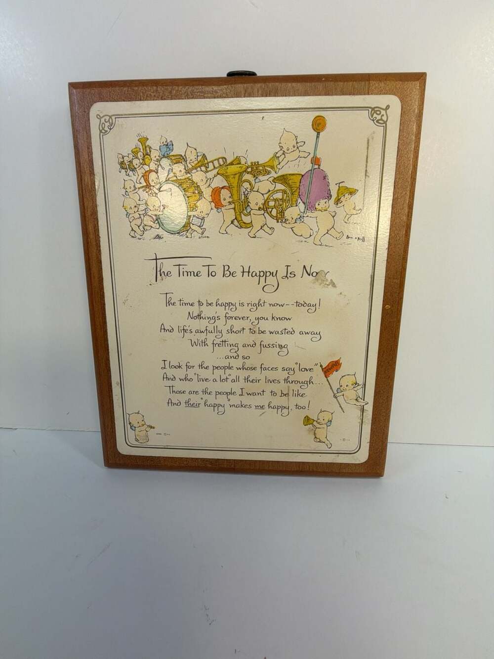 Vintage Kewpie American Greetings Wooden Wall Plaque The Time To Be Happy Is Now